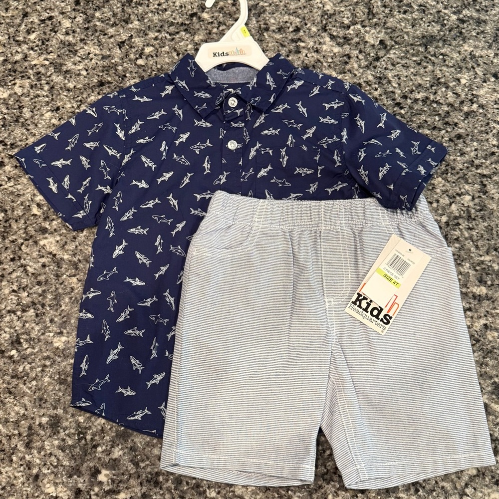 Kids Headquarters Navy Shark Shirt and Light Gray Shorts Set